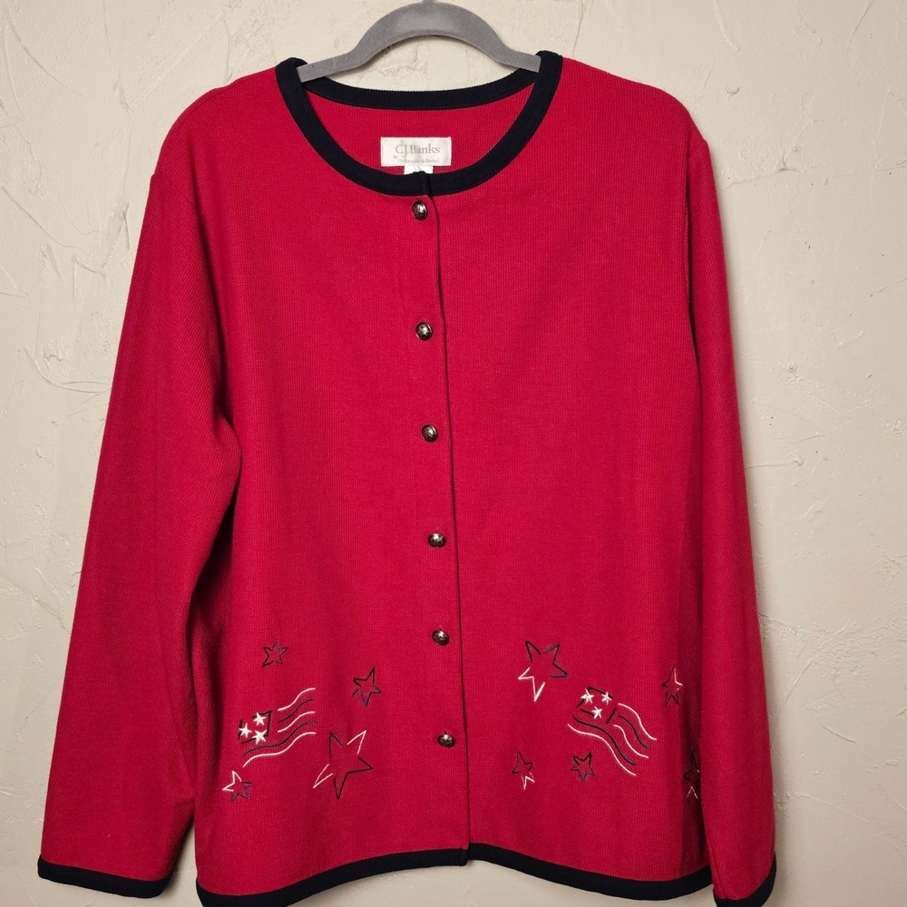 Vintage Banks 1X Red Patriotic Cardigan Sweater Stars USA Flag Embroidered EUC - Picture 9 of 11
